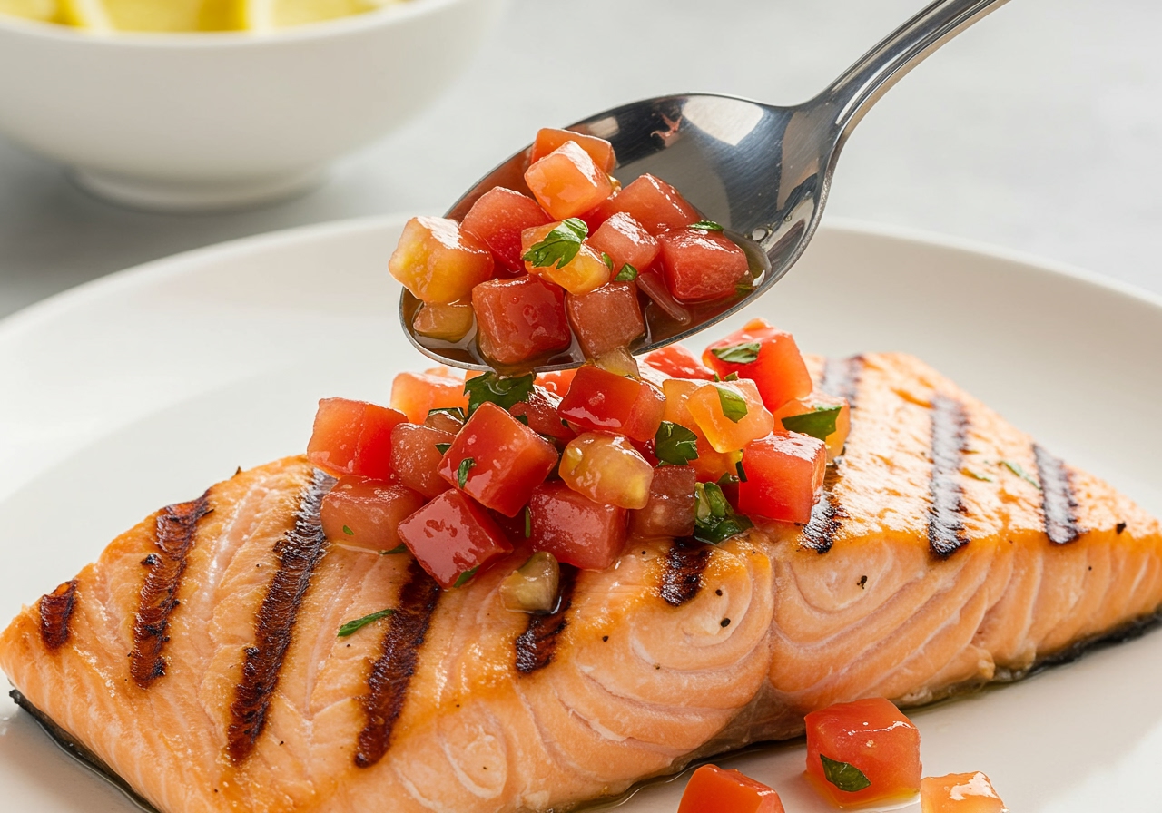 A close-up of roasted tomato salsa being spooned onto a piece of grilled chicken or fish.
