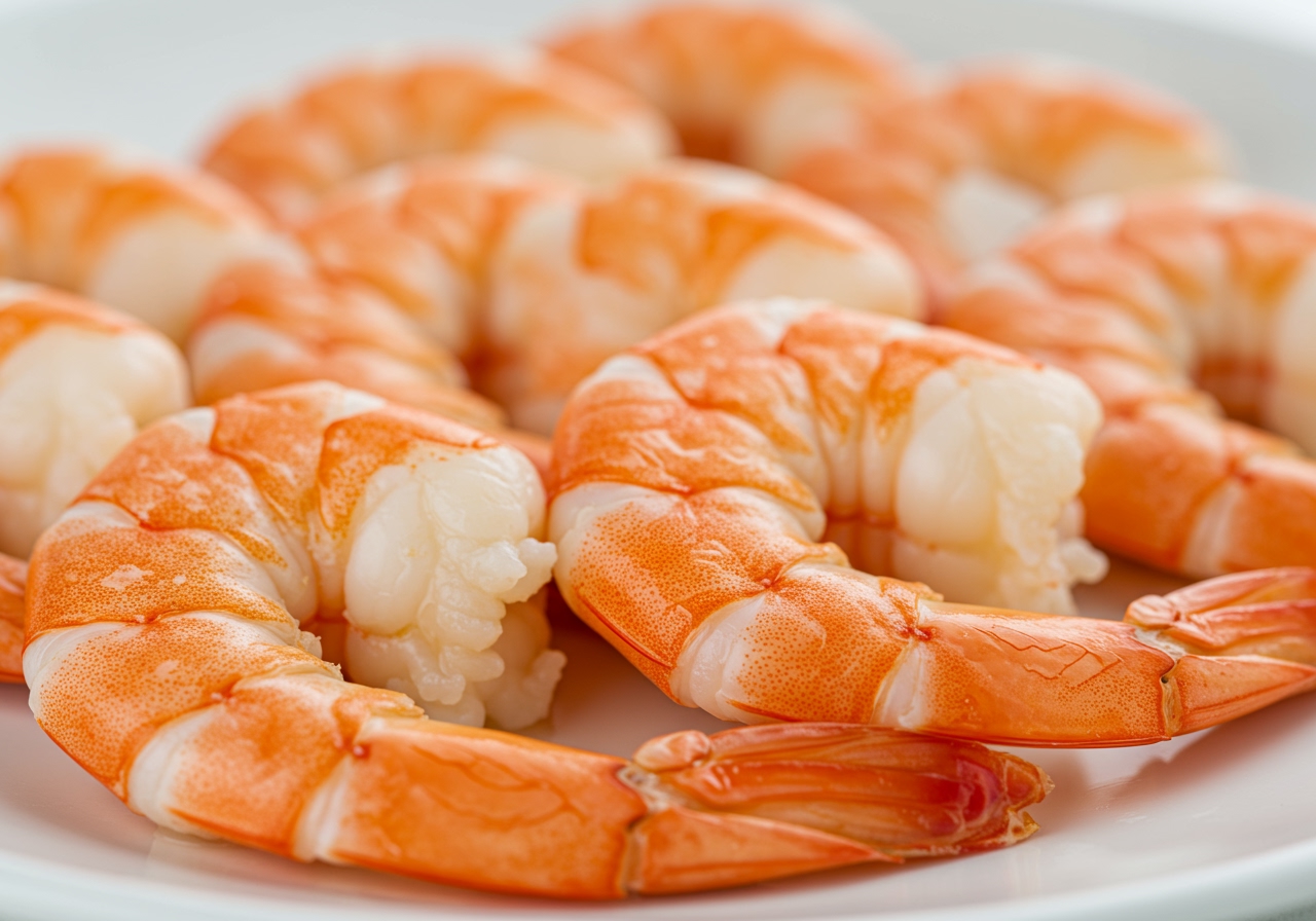 A close-up of several boiled shrimp pieces arranged neatly, showing the curl and color of perfectly cooked shrimp.