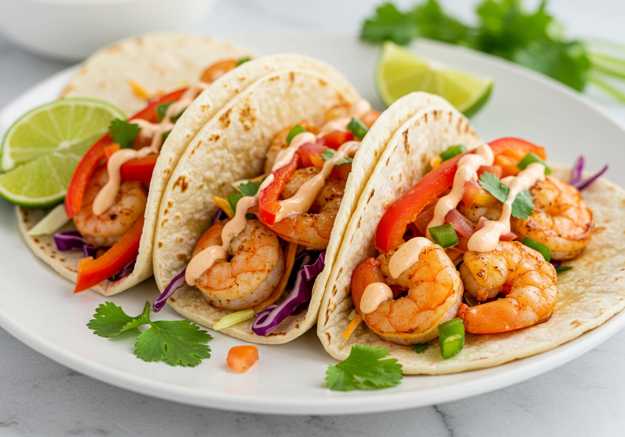 A close-up of several vibrant, colorful shrimp tacos on a simple platter, with lime wedges and scattered cilantro