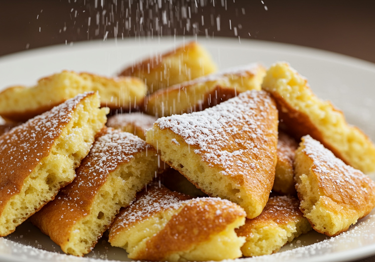 A close-up of shredded Kaiserschmarrn with golden-brown edges and a fluffy interior, dusted with powdered sugar, ready to be served.