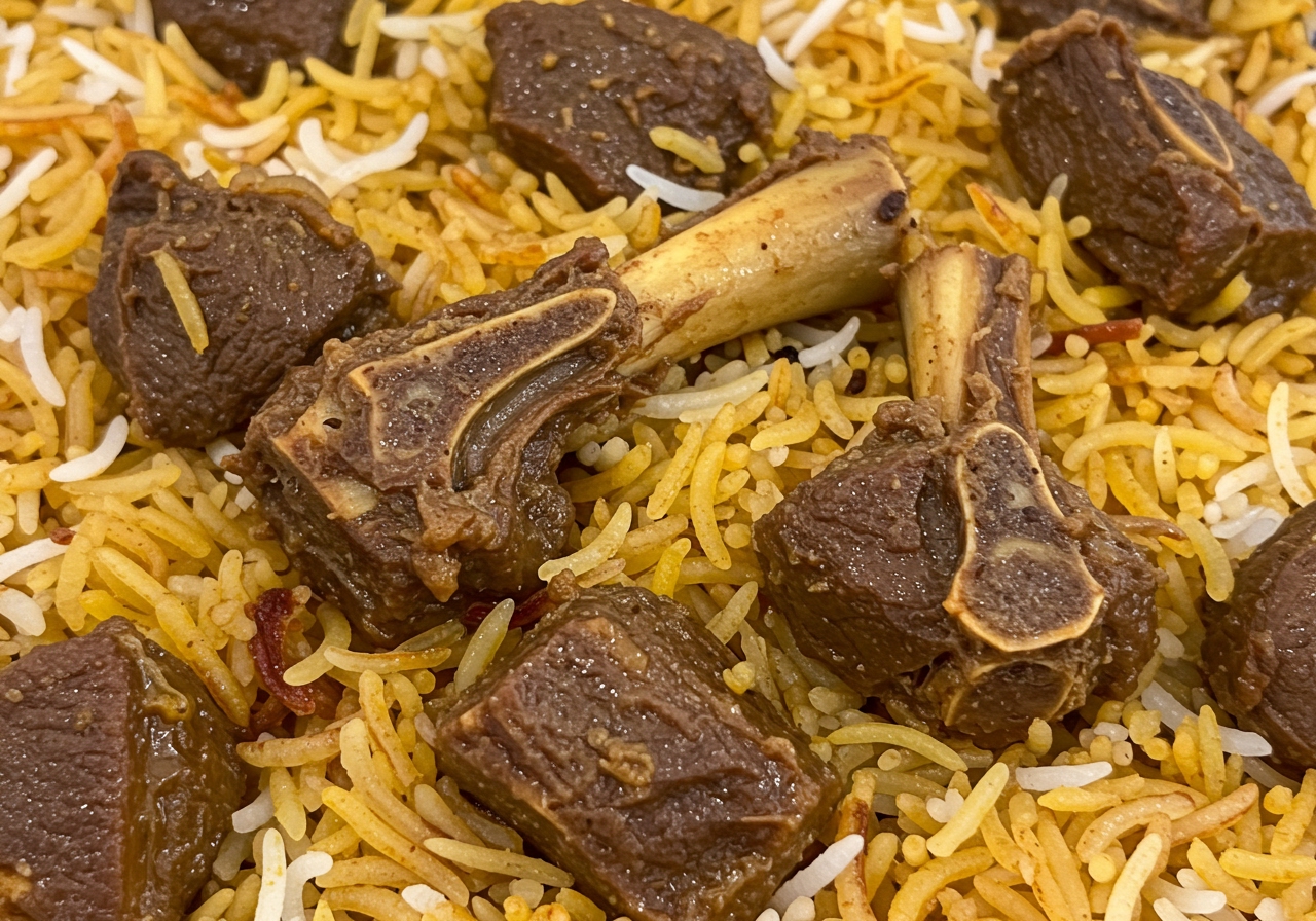 A close-up of tender, spiced goat meat pieces interspersed with long-grain basmati rice, showcasing the vibrant colors and textures of a perfectly cooked Siamese-style Goat Biryani. Focus on the details of the meat and rice grains.