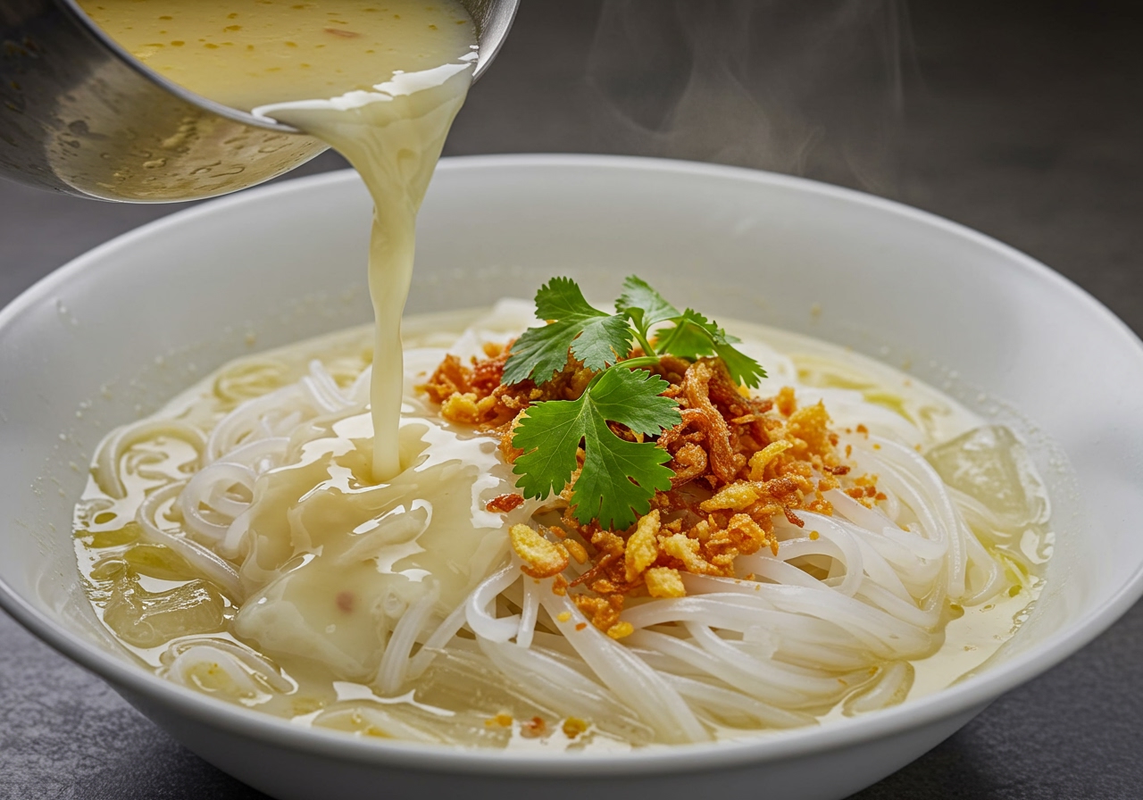 A close-up of the cold Mohinga-style soup base being poured over cold rice noodles.