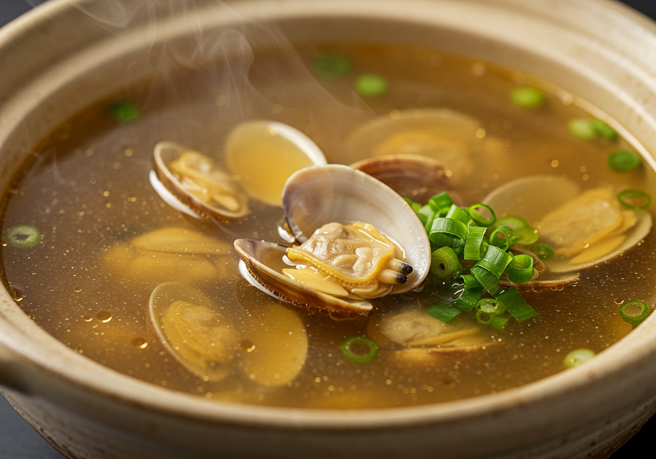 A close-up of the delicious broth from あさりの酒蒸し