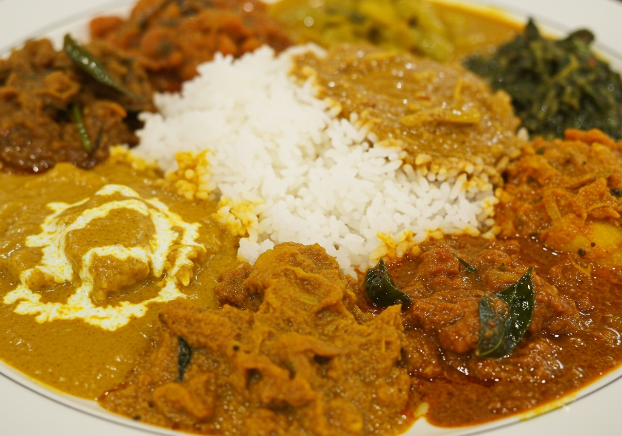 A close-up of the different textures and colors of curries and rice on a Sri Lankan plate, showing details of spices and ingredients.