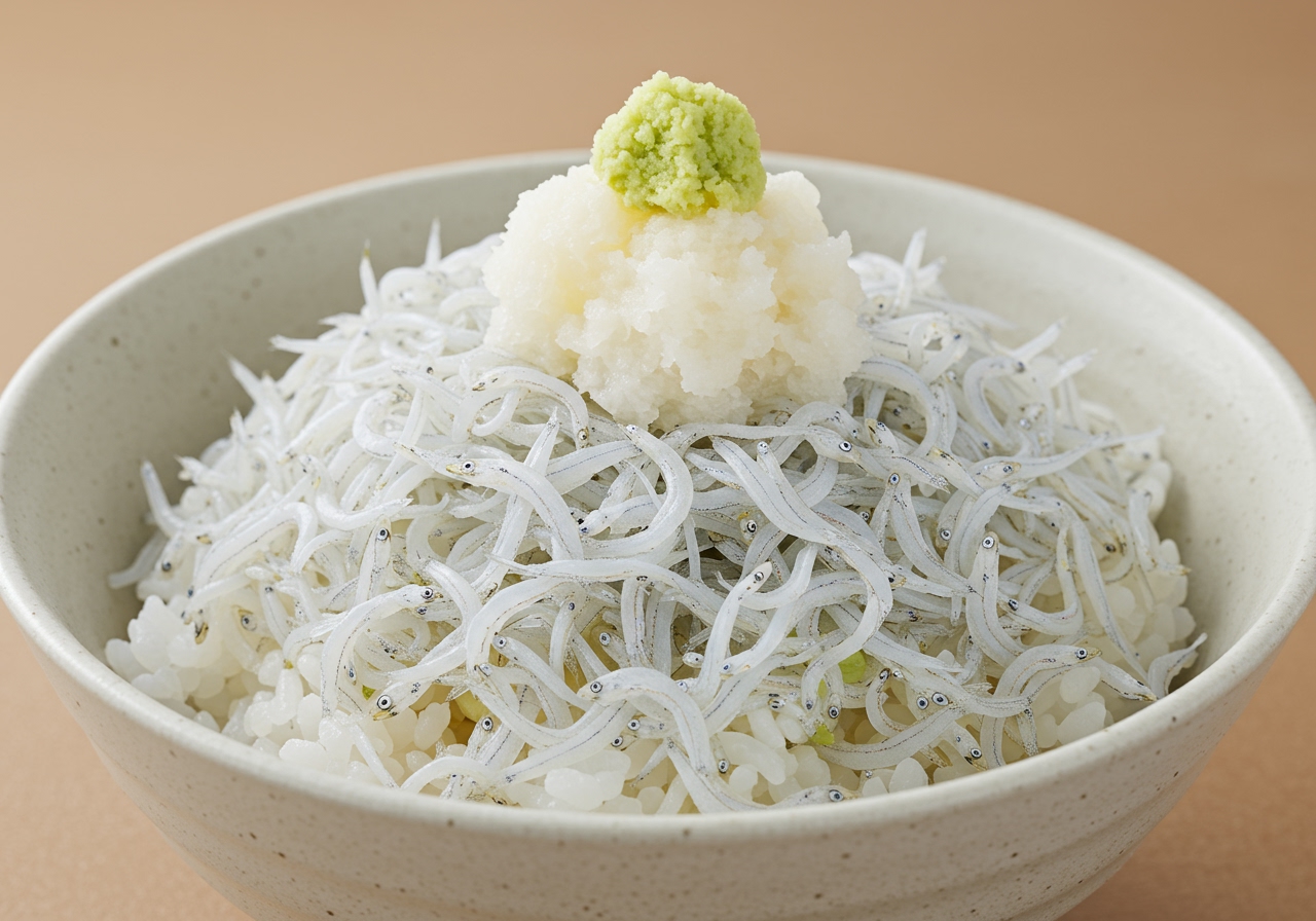 A close-up of the finished dish, showing the texture of shirasu and grated daikon