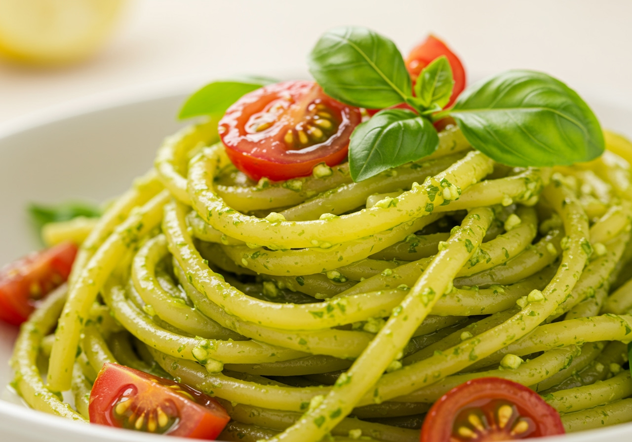 A close-up of the finished lemon pesto pasta dish, showing texture and garnishes.