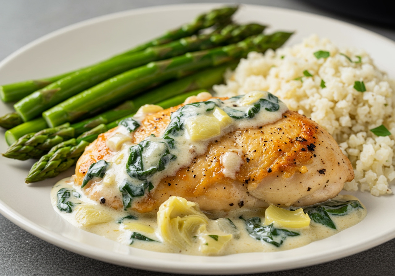 A close-up of the finished spinach artichoke chicken dish, with creamy sauce and golden-brown chicken, served on a plate with a side of steamed asparagus and cauliflower rice.
