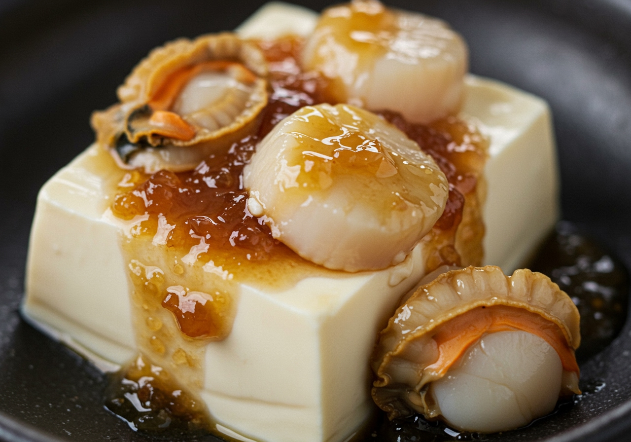 A close-up of the glossy texture of the あんかけ sauce over the tofu and scallops.
