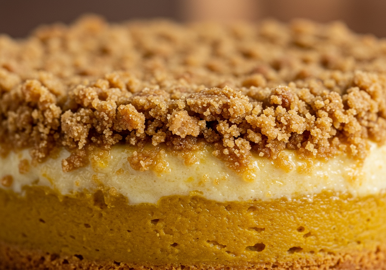 A close-up of the golden-brown, crispy crunch topping on the Kabocha Crunch Pudding Cake, with the smooth, creamy pumpkin pudding visible underneath.
