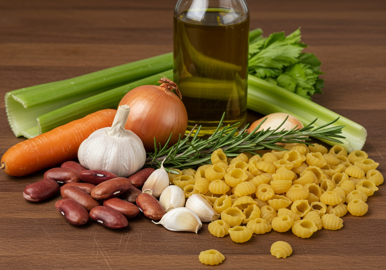 A close-up of the ingredients for Passatina: dried Borlotti beans, small pasta shapes like ditalini, fresh rosemary sprigs, garlic cloves, onion, carrot, celery, and a bottle of extra virgin olive oil.