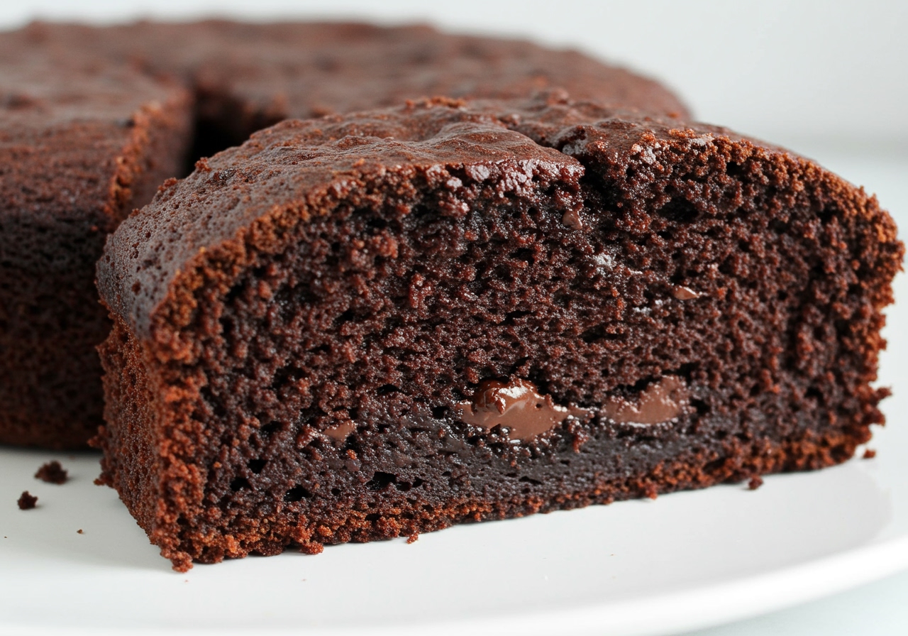 A close-up of the moist, rich interior of a freshly baked healthy chocolate cake slice, showing its dark color and tender crumb. There's a subtle shimmer of melted chocolate chips.