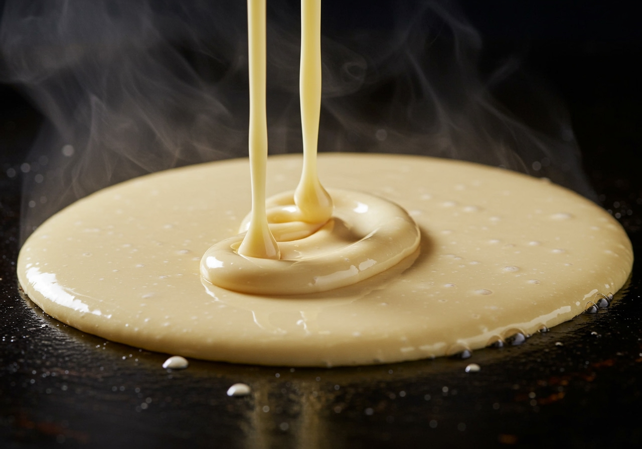 A close-up of the pancake batter being poured onto a hot griddle, showing its slightly thicker consistency than traditional batter.
