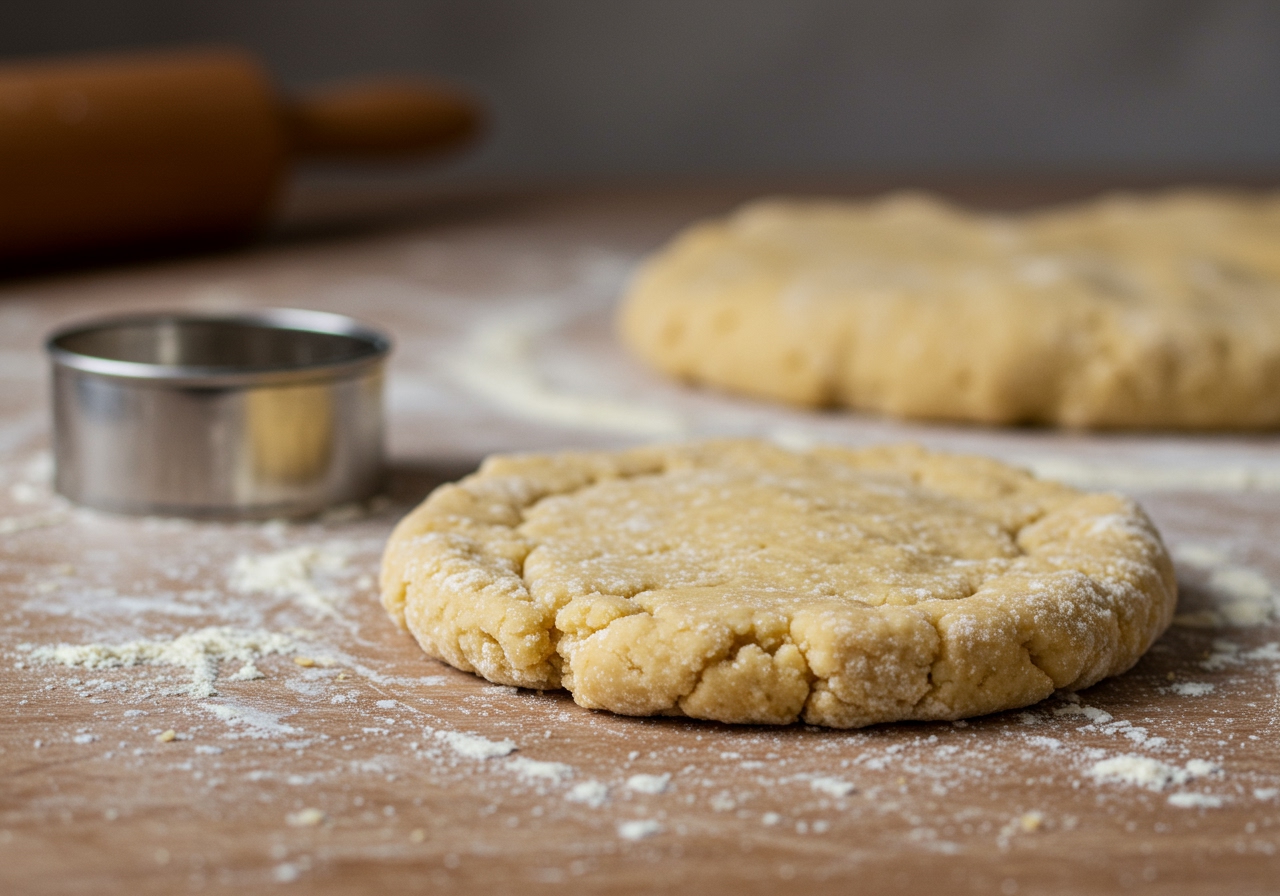 A close-up of the scone dough on a lightly floured surface, being gently patted into a round shape. A metal round cookie cutter is visible nearby. Soft focus on the background.