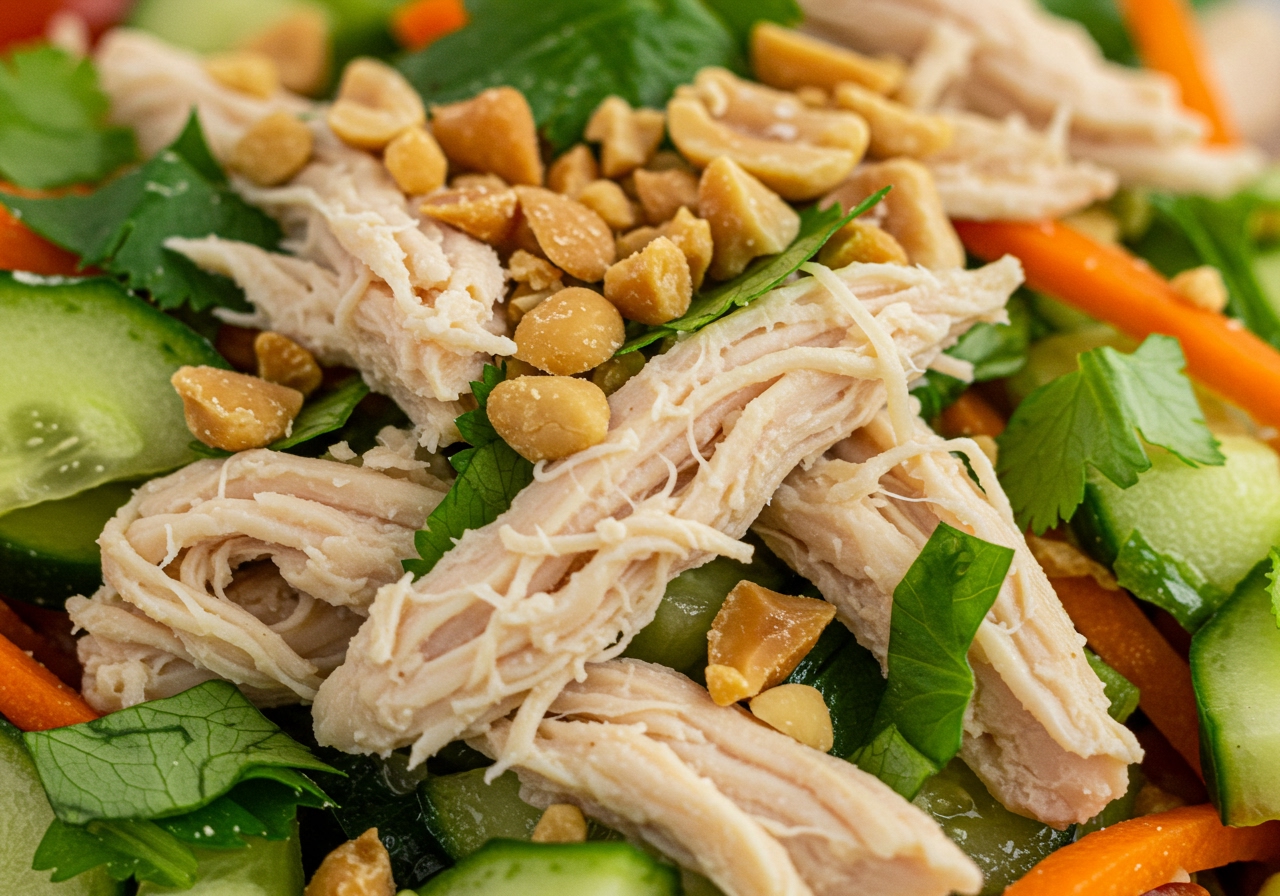 A close-up of the textures in the salad, focusing on shredded chicken, herbs, julienned vegetables, and crushed peanuts.