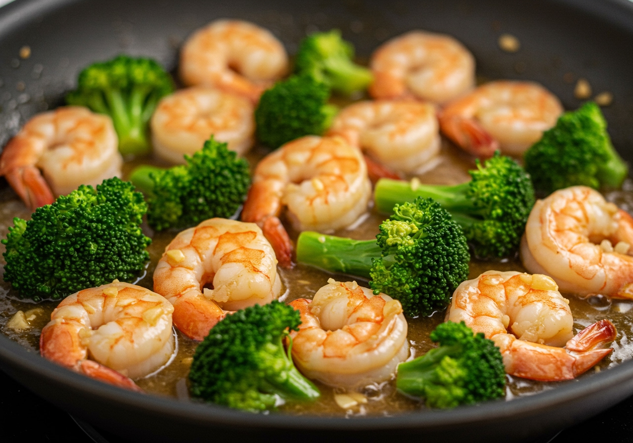 A close-up of vibrant garlic butter shrimp and broccoli stir-fry in a pan, showing the glistening sauce and plump shrimp.