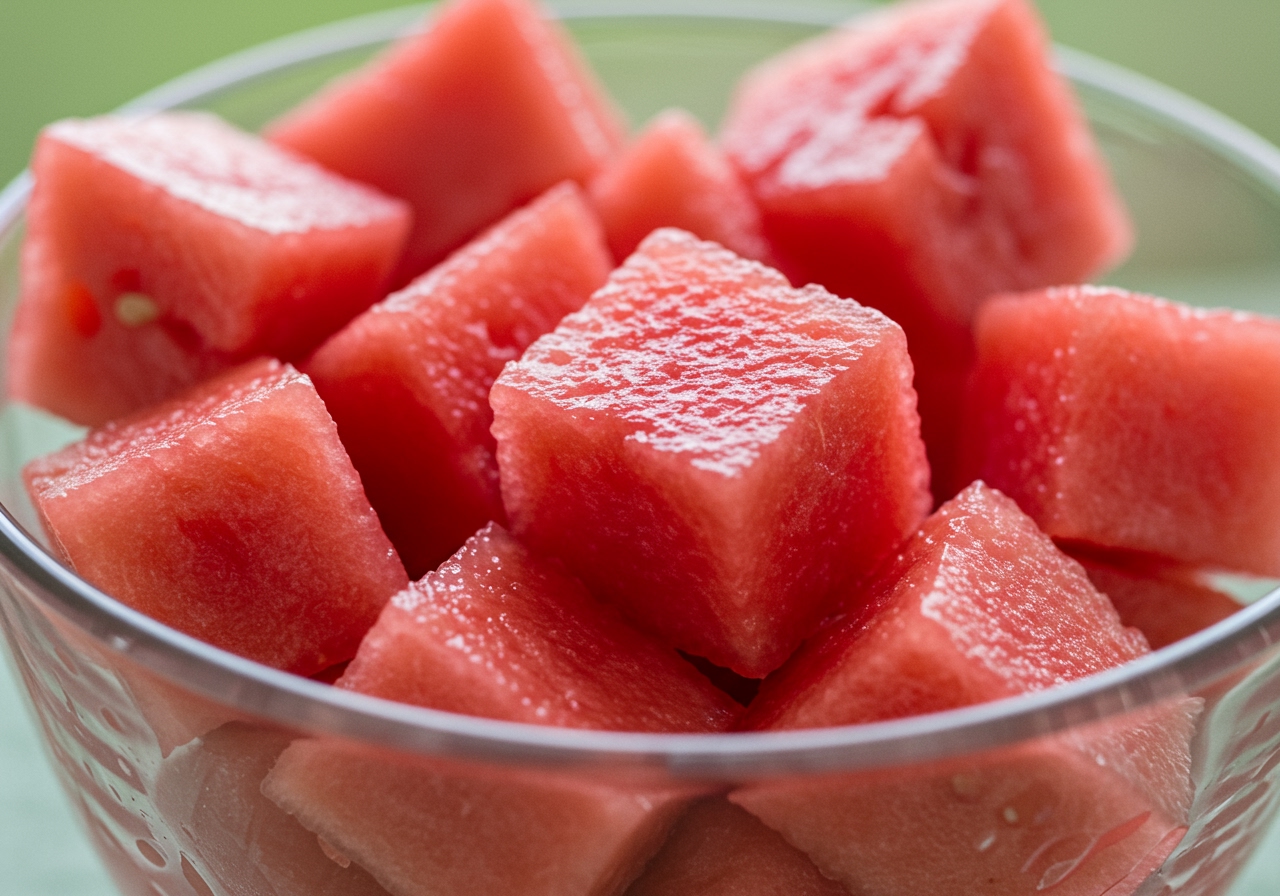 A close-up of vibrant pink watermelon cubes ready for blending.