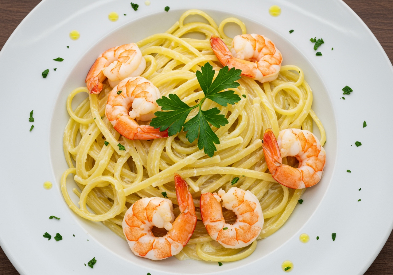 A close-up overhead shot of a plate of creamy shrimp scampi with linguine pasta, garnished with fresh parsley.