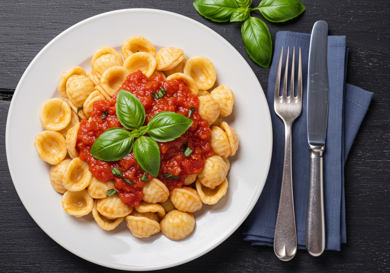 A close-up overhead shot of a plate of fresh homemade semolina pasta (e.g., orecchiette or cavatelli) dressed with a simple tomato sauce and fresh basil, ready to be eaten.