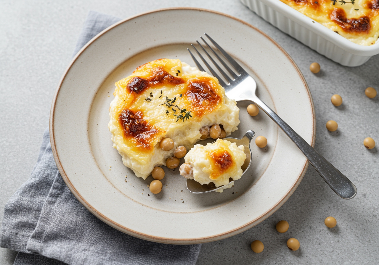 A close-up overhead shot of a small portion of the soymilk gratin on a plate, with a fork or spoon resting beside it, emphasizing its texture and ease of eating.