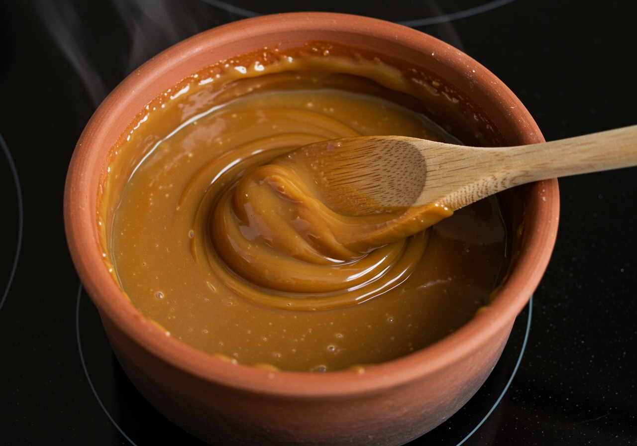 A close-up overhead shot of a small pot of dulce de leche being gently warmed and stirred with a wooden spoon.