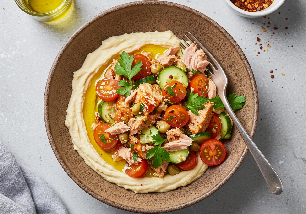 A close-up overhead shot of the finished spicy tuna and hummus salad, beautifully plated in a rustic ceramic bowl. Garnished with fresh parsley, a drizzle of olive oil, and a sprinkle of paprika. A fork is resting on the side of the bowl.