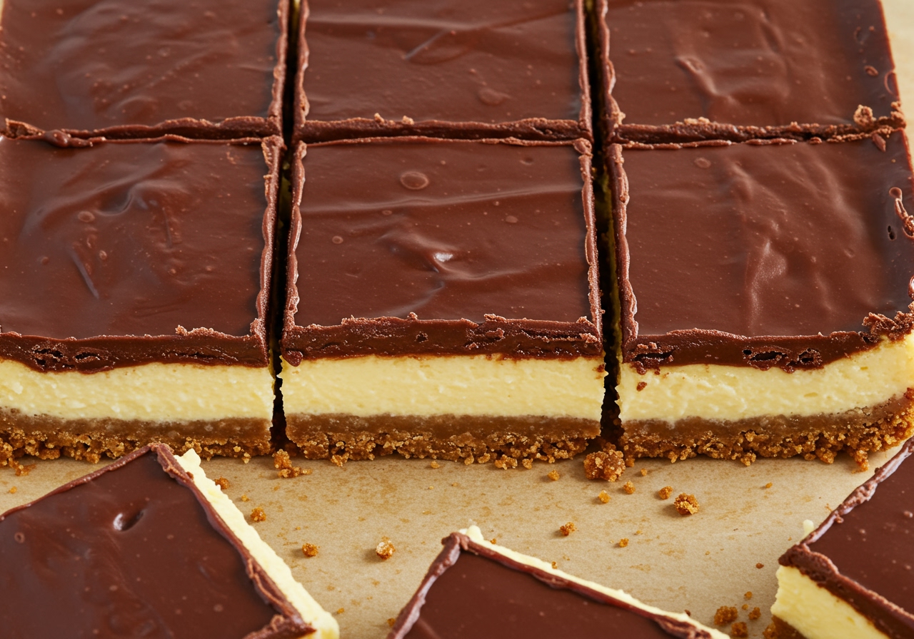 A close-up overhead shot of the healthy Nanaimo bar cheesecake cut into squares, showing the distinct layers.