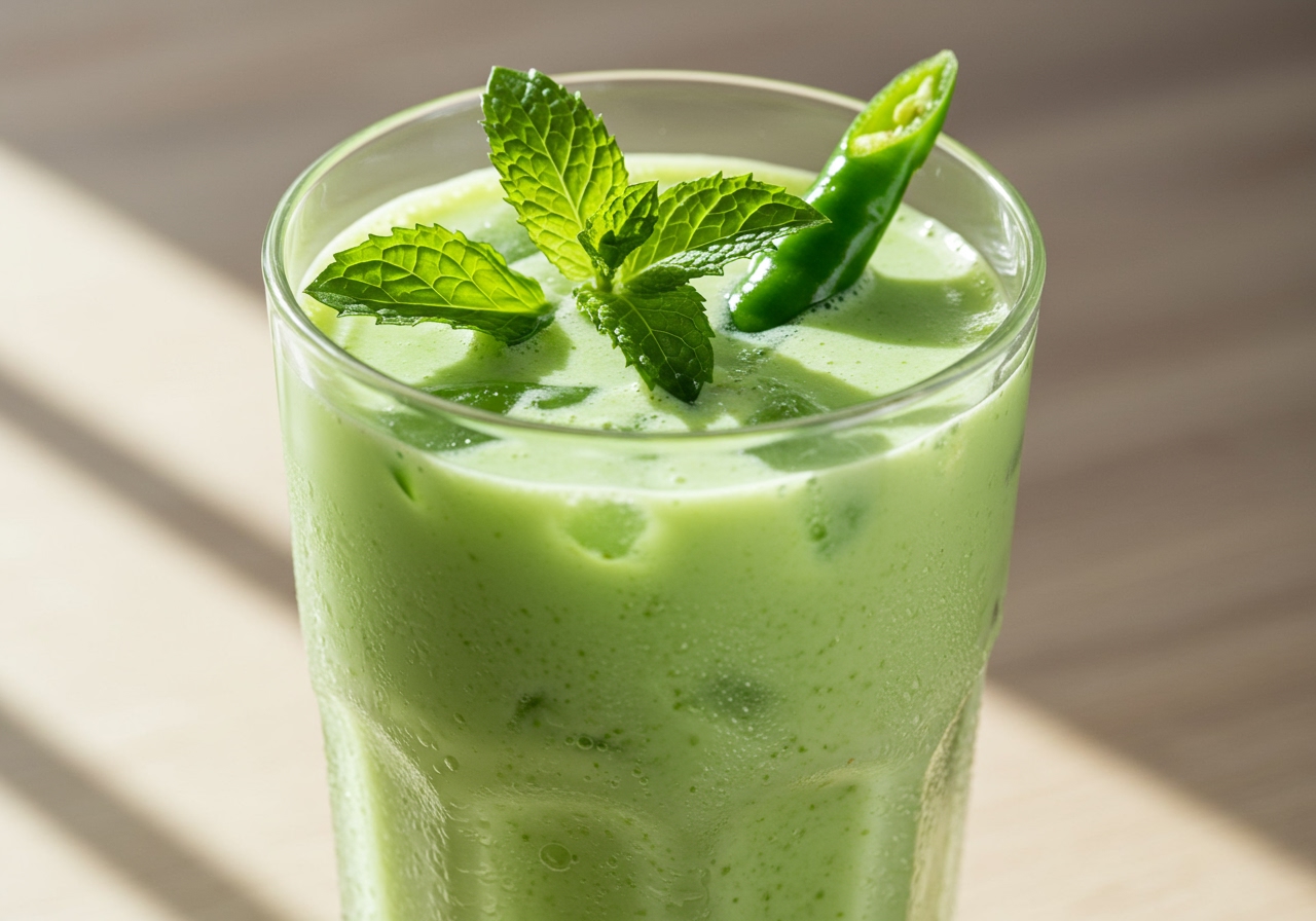 A close-up photo of a glass of green-tinted spicy lassi garnished with fresh mint and a sliced green chili.