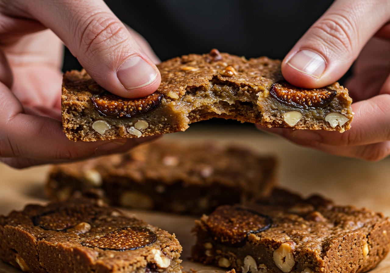 A close-up photo of a hand breaking a moist fig bar, showing its soft, slightly chewy texture and the visible pieces of fig and nuts.