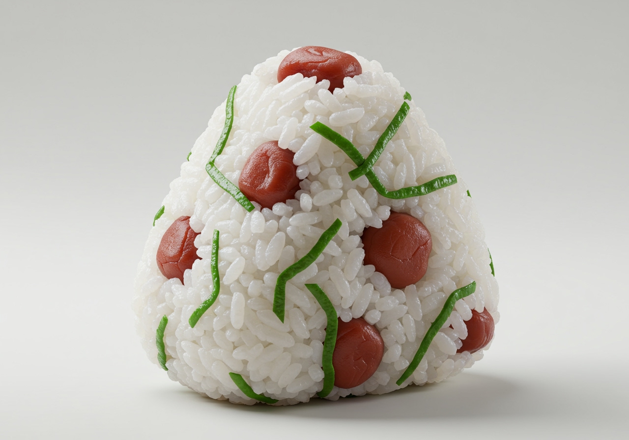 A close-up photo of a perfectly shaped 梅しそおにぎり, showing the flecks of purple ume and green shiso mixed in the rice.