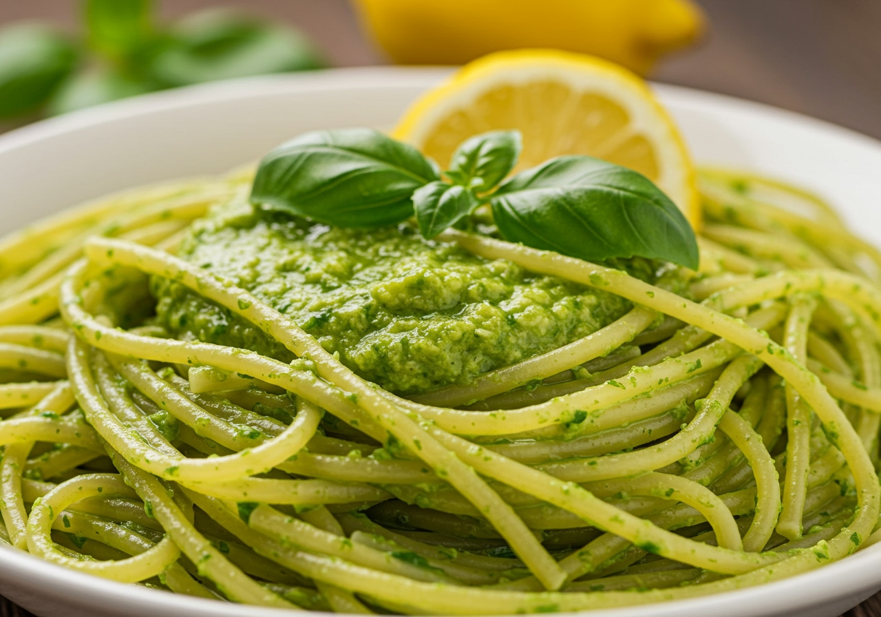 A close-up photo of a serving of lemon pesto pasta, showing the vibrant green sauce coating the spaghetti.