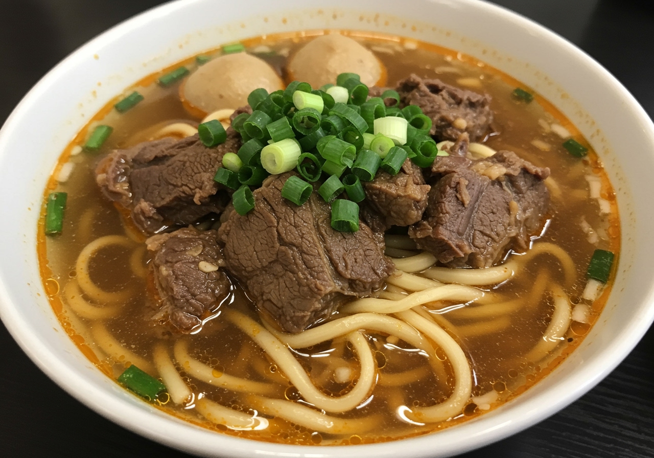 A close-up photo of a steaming bowl of Taiwanese Beef Noodle Soup (紅焼牛肉麺), showing the rich red-brown broth, tender beef chunks, noodles, and green onions on top.