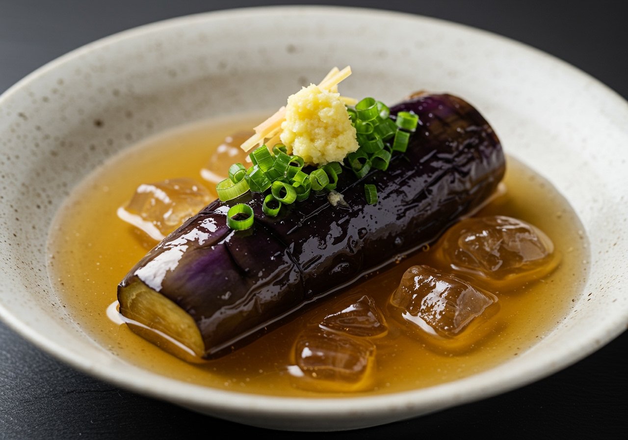 A close-up photo of chilled nasu agebitashi (deep-fried eggplant soaked in dashi) garnished with grated ginger and green onions.