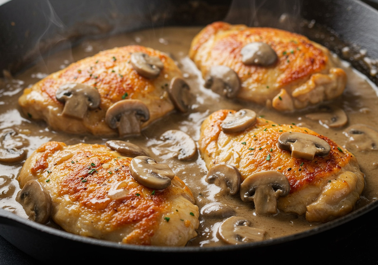 A close-up photo of easy chicken marsala simmering in a pan with creamy, mushroom-rich sauce.