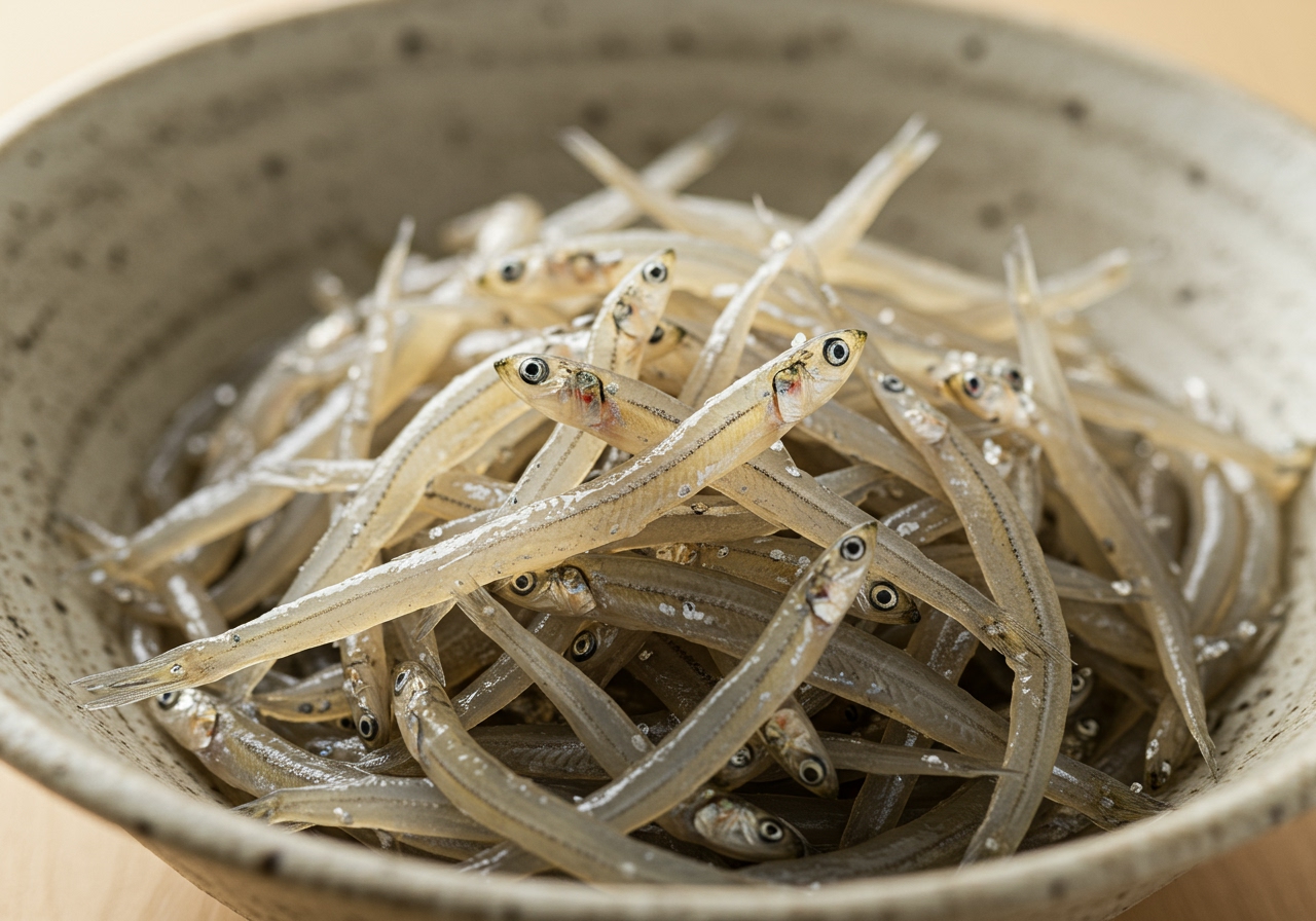 A close-up photo of fresh, boiled shirasu (young sardines/anchovies) in a bowl