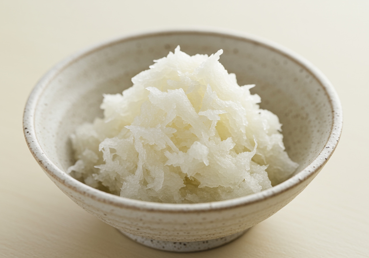A close-up photo of freshly grated daikon radish (daikon oroshi) in a small dish