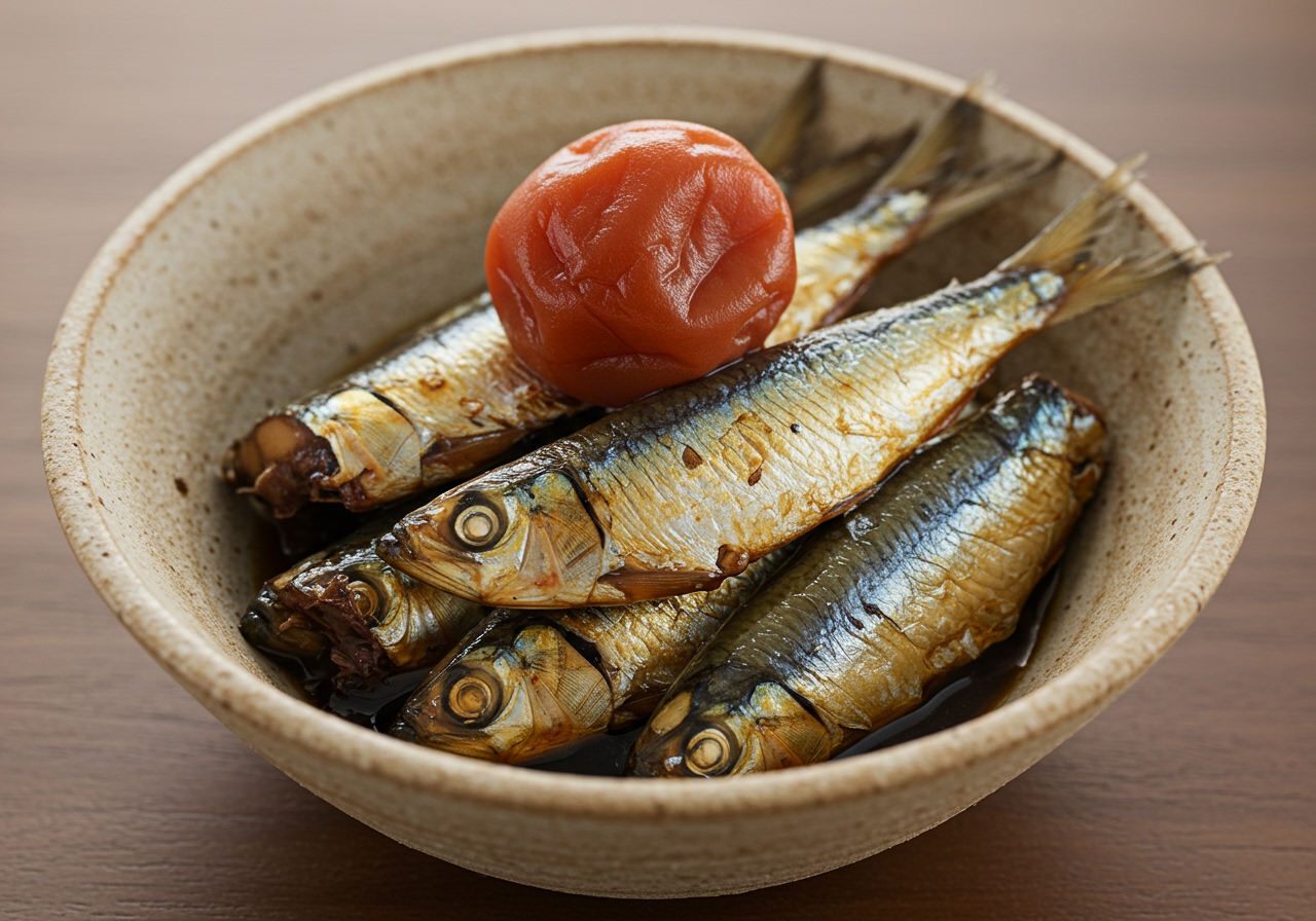 A close-up photo of freshly made イワシの梅煮 served in a small bowl, showing the glossy sardines and bright red umeboshi piece.