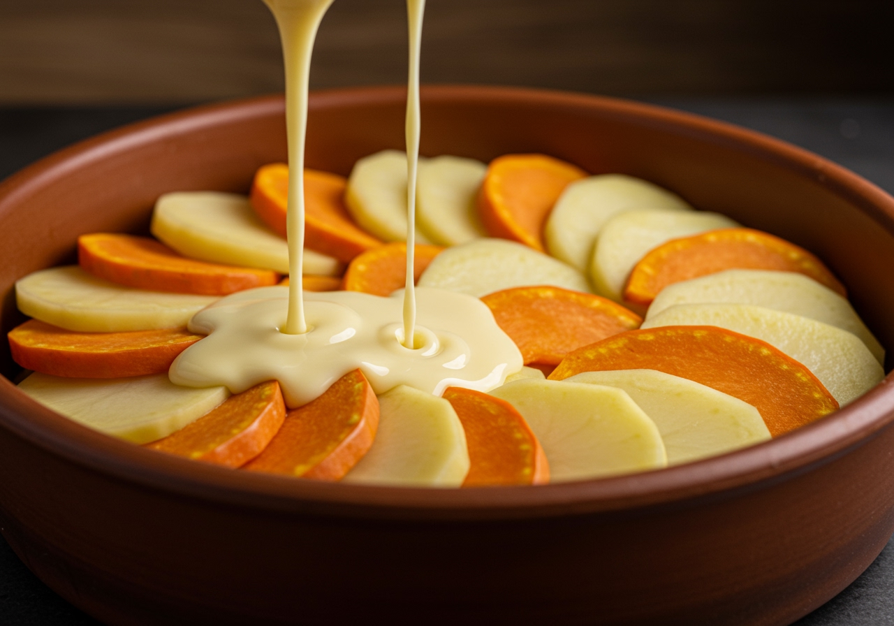A close-up photo of layered potato and pumpkin slices in a gratin dish before baking, with cream being poured over them.