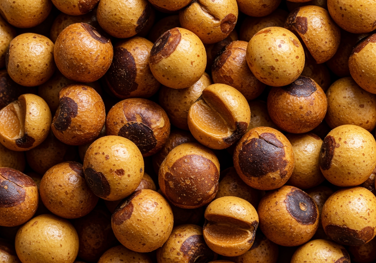 A close-up photo of roasted Job's Tears (Hatomugi) seeds, showing their texture and color.