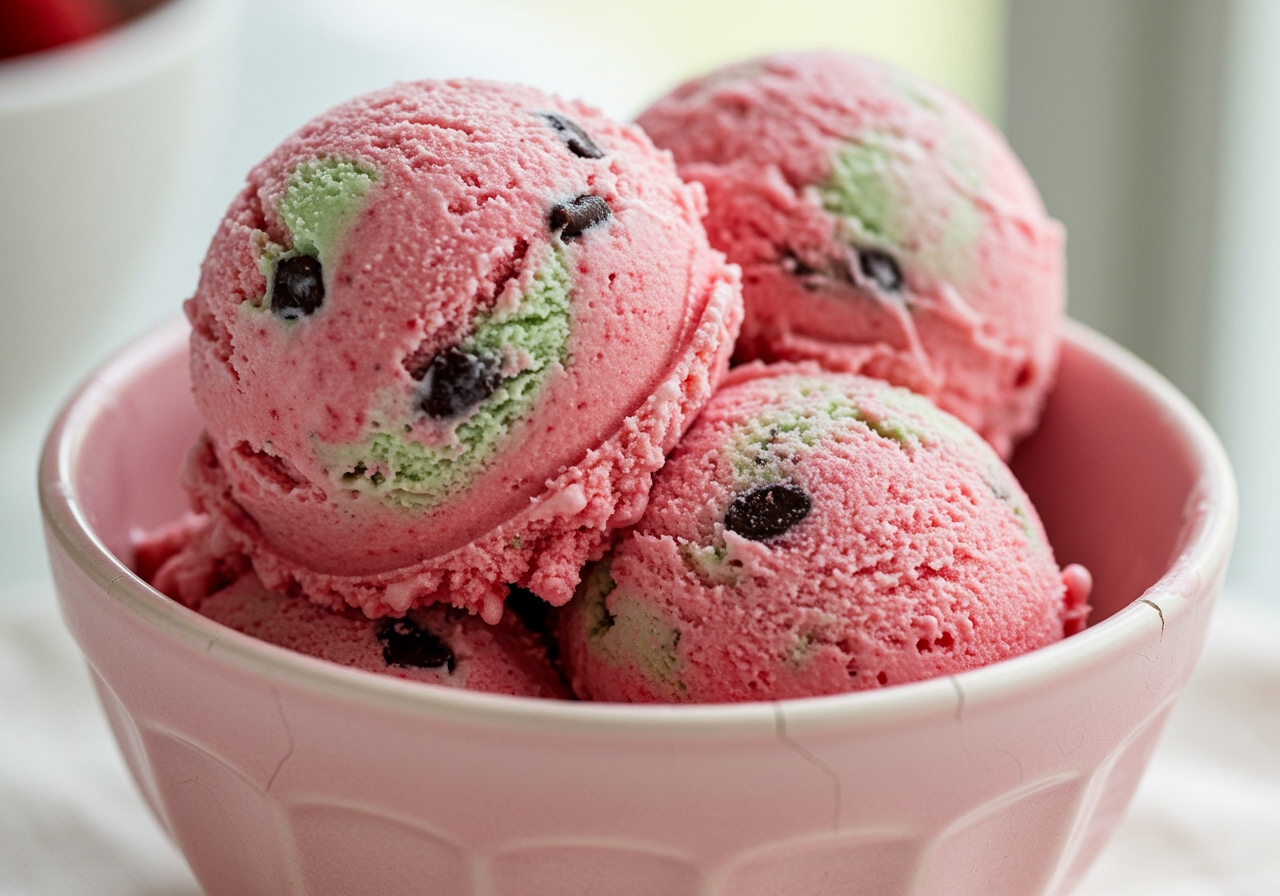 A close-up photo of the finished easy mint chocolate chip strawberry ice cream scooped into a bowl, showing the pink color, green mint flecks, and visible chocolate chips.