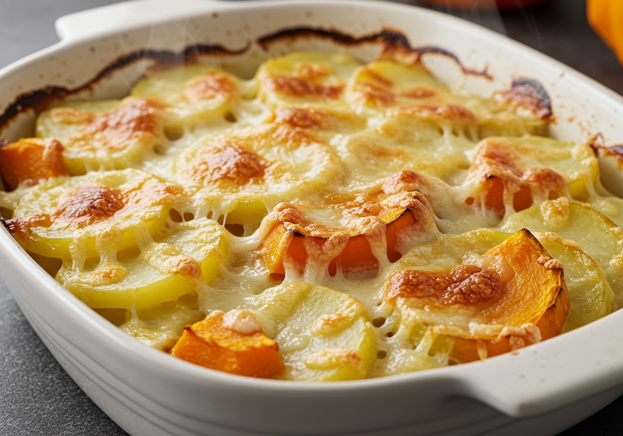 A close-up photo of the finished potato and pumpkin gratin just out of the oven, with a golden brown, bubbling cheese crust.