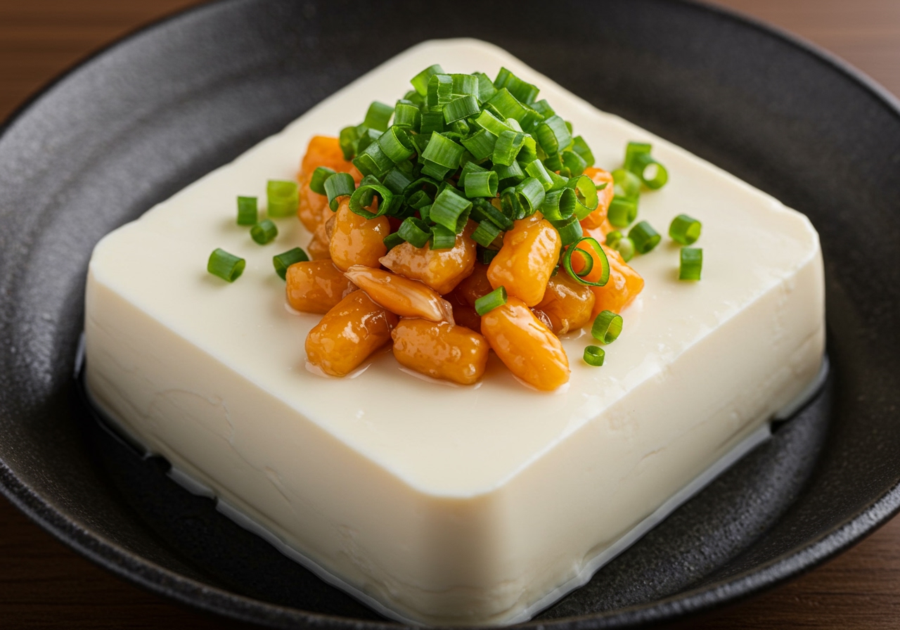 A close-up shot emphasizing the texture of the silky tofu and the fresh, crisp appearance of the myoga and ohba toppings. Good lighting highlighting the moisture on the tofu surface.
