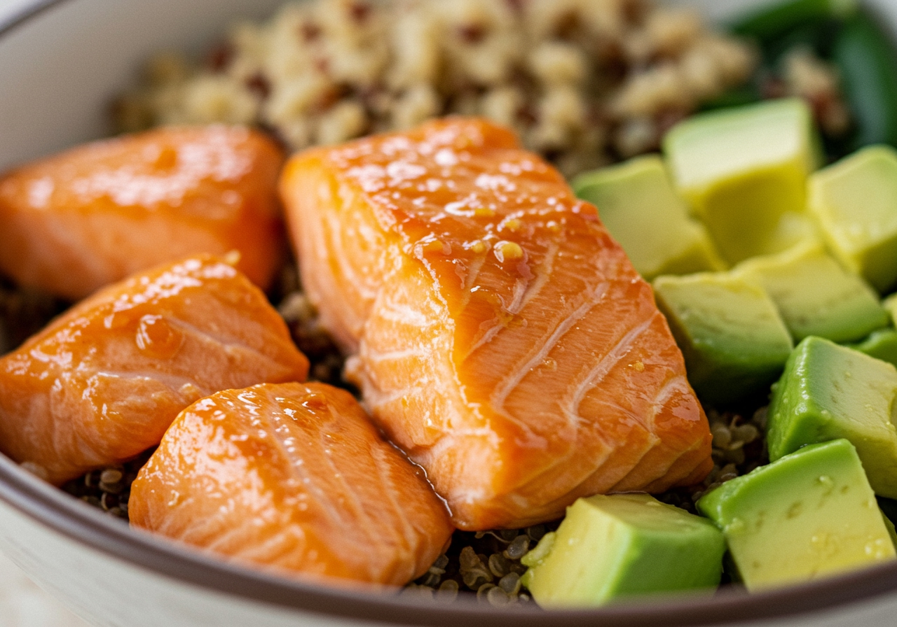 A close-up shot focusing on the texture of the marinated salmon and creamy avocado pieces, with a blurred background of the rest of the bowl.