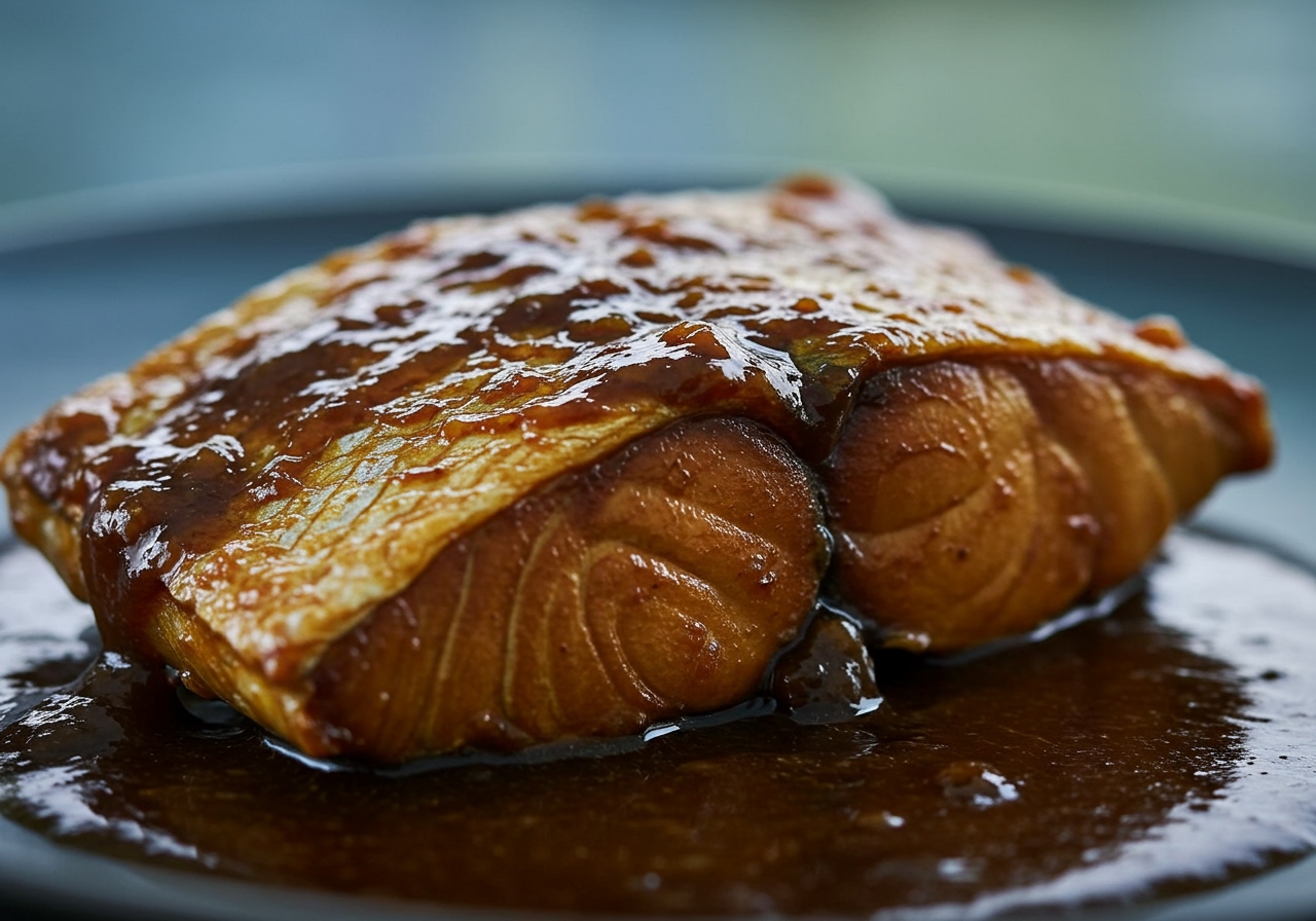 A close-up shot highlighting the texture and glossy sauce of Saba Misoni
