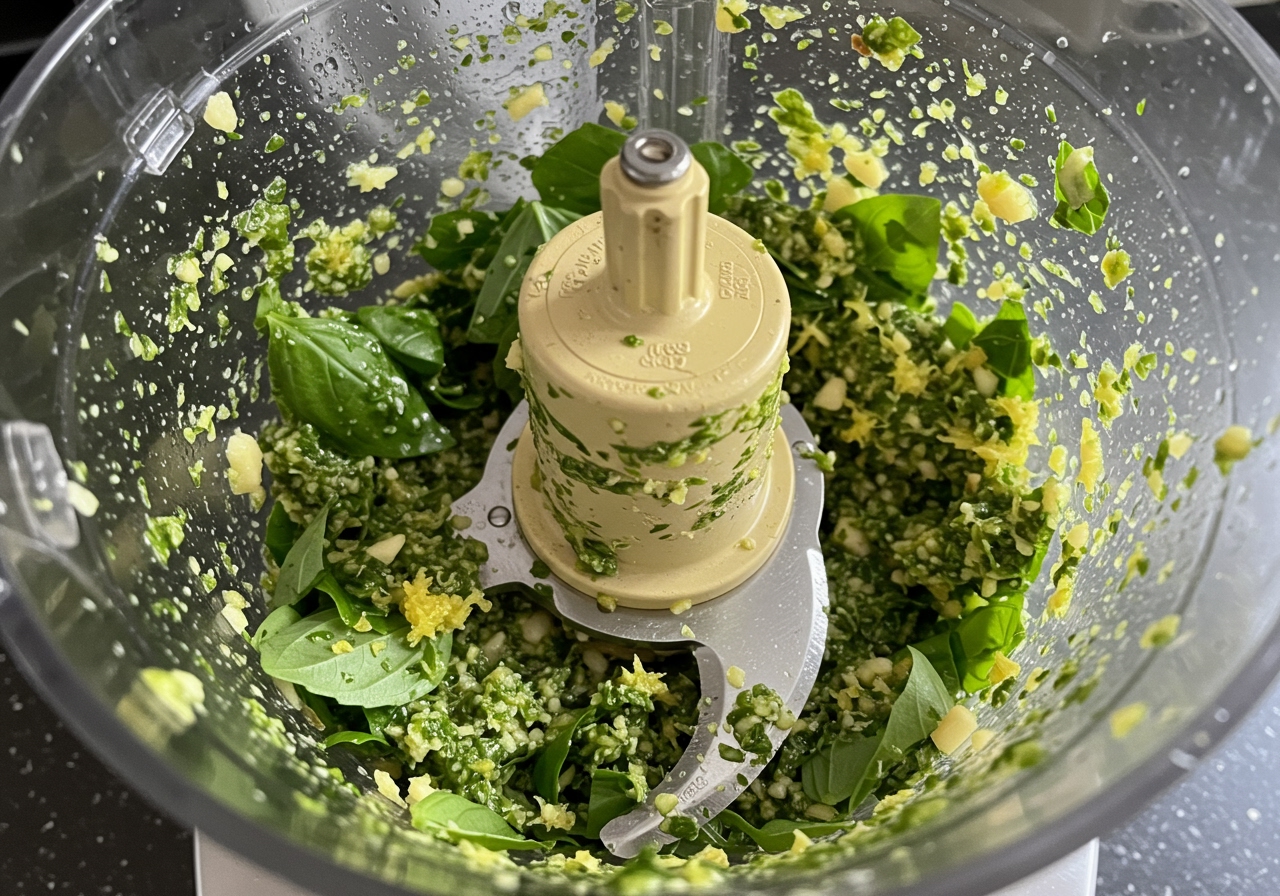 A close-up shot inside a food processor showing the basil, nuts, garlic, and lemon zest being processed into a rough paste.