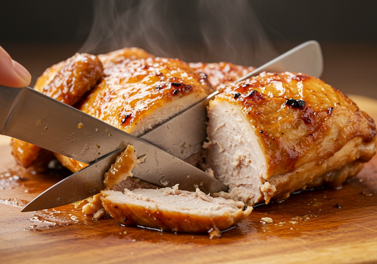 A close-up shot of a baked chicken piece with a shiny honey glaze, being sliced on a wooden cutting board, revealing juicy, tender meat inside. Steam is gently rising.