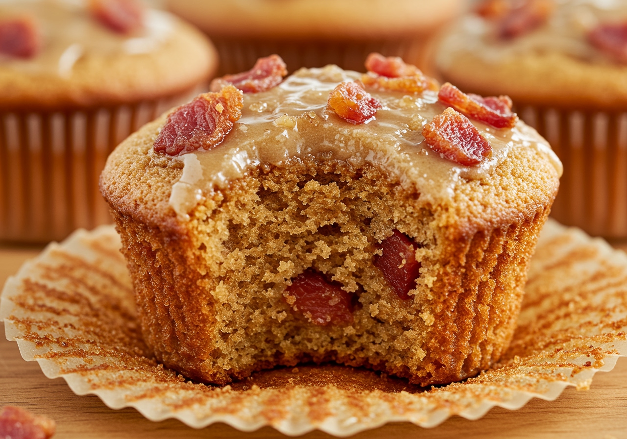 A close-up shot of a bite taken out of a maple bacon buttermilk cupcake, showing the moist cake texture and bits of bacon.