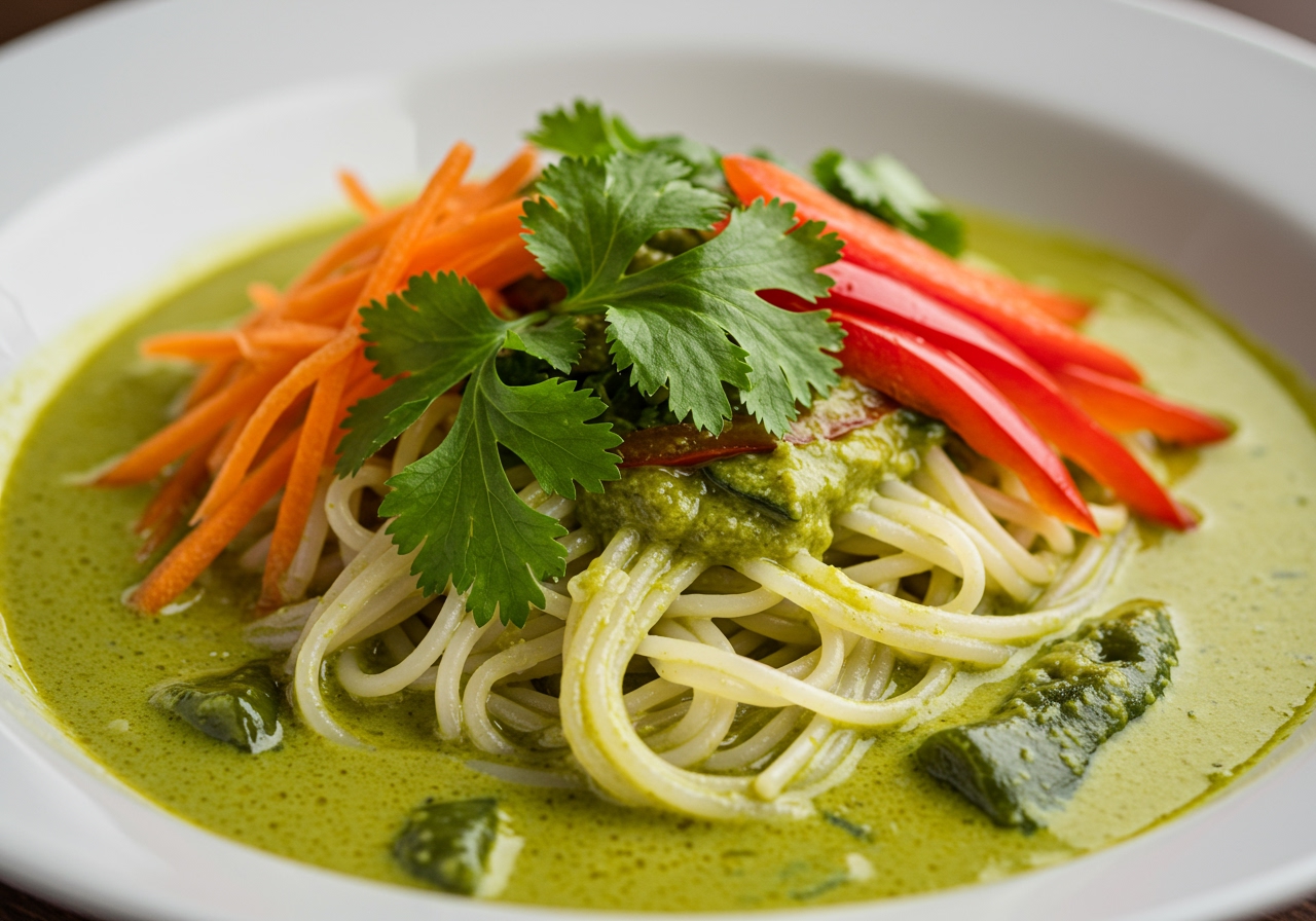 A close-up shot of a bowl of cold somen with green curry sauce, showing the texture of the noodles and the creamy sauce, with various colorful toppings.