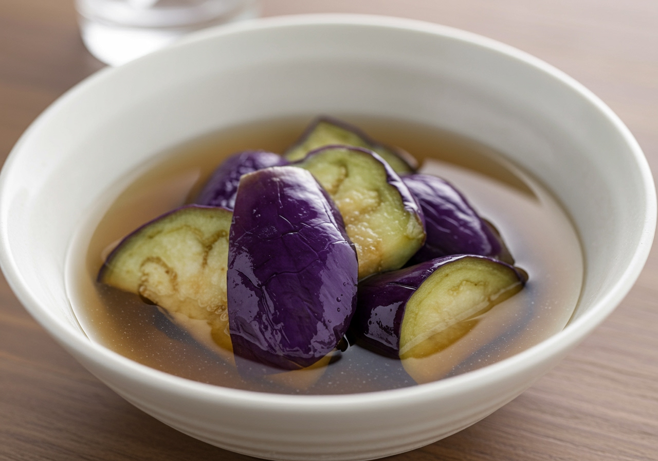 A close-up shot of a bowl of nasu agebitashi being served cold, with ice cubes visible in the background (optional, to emphasize coldness).