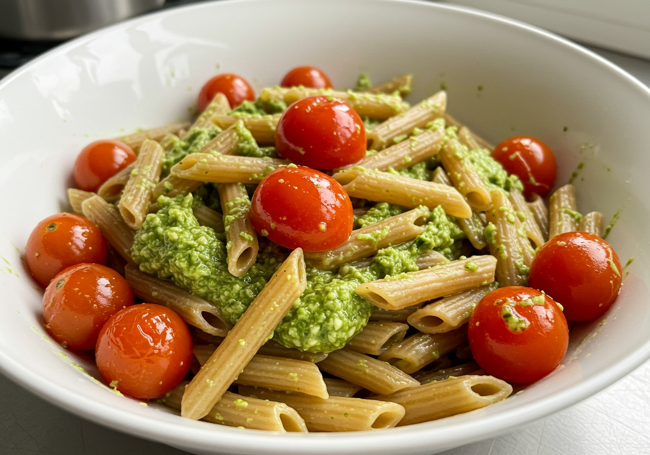 A close-up shot of a bowl of red lentil pasta with a pesto sauce and cherry tomatoes, showing the slightly different color and texture of the pasta.