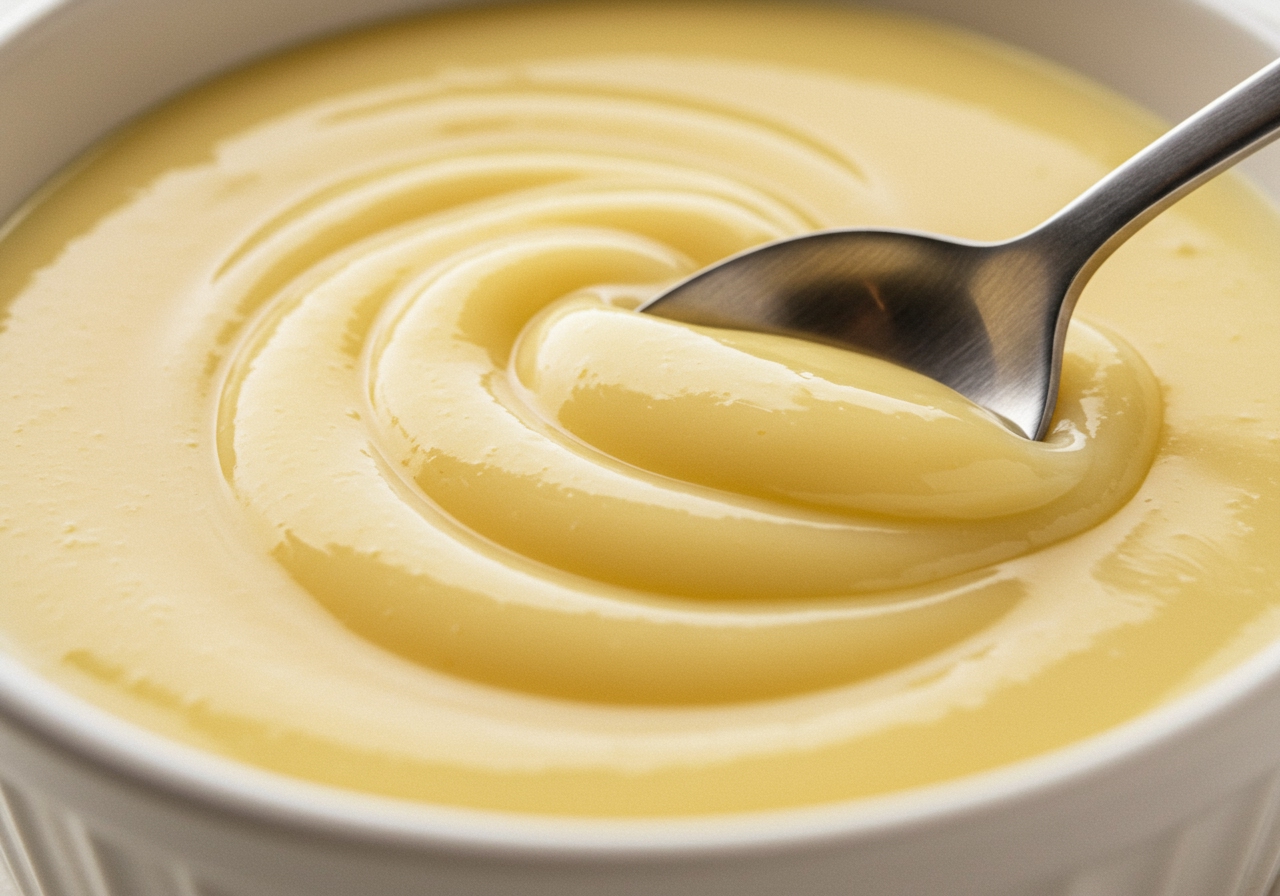 A close-up shot of a bowl of smooth, creamy custard, perhaps with a spoon dipping in.